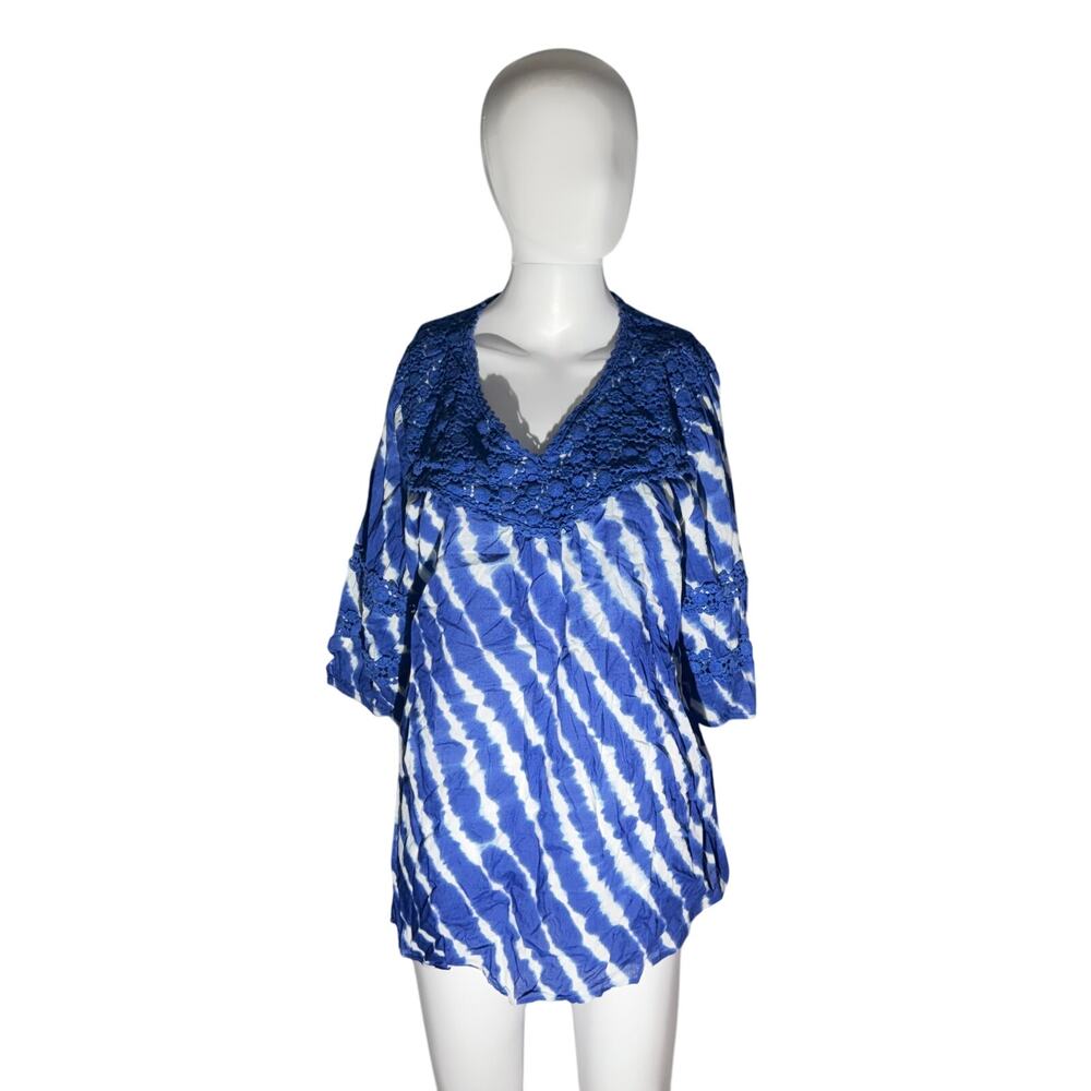 Sara Studio Blue White Tie-Dye Crochet Boho Blouse XL 100% Cotton